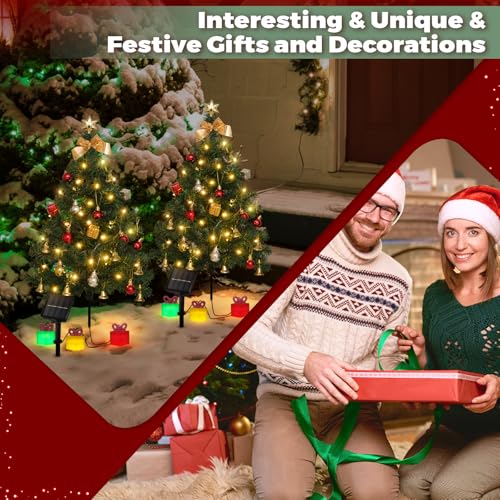 2 Pack Solar Mini Christmas Tree Decorations Lights, 30 Inch 8 Flashing Modes Waterproof Xmas Decor, 60 LED Lights with Ornaments 6 Lighted Gift Boxes for Porch Pathway Yard Garden (Warm White) by Mrsenloi - Image 5