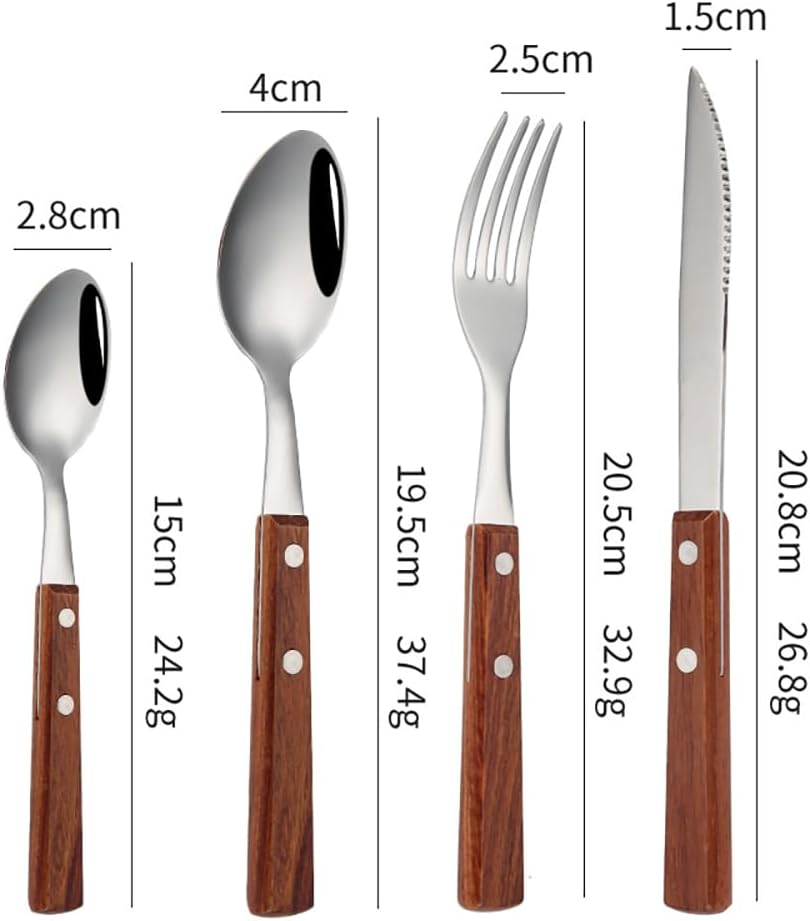 24-Piece Wood Handle Silverware Set Cutlery Set Flatware Set for 6 Easy to Clean Handle Antiskid Food-Grade Stainless Steel for Family Gatherings Formal Occasions Daily Household Use