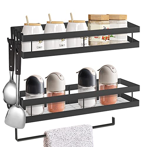 Ghope Küche Gewürzregal, 2er set Wand Küchenhalterung ohne Bohren mit Küchenrollenhalter und 8 abnehmbar Haken Gewürzkorb Gewürzhalter Küche Badezimmer Hangend Organizer