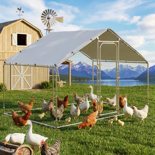 Image of LEMBERI Metal Chicken Coop Spire Roof Walk in Chicken Run Pen for 6 Chickens, Galvanized Rabbits Duck Poultry Cage with Waterproof Cover for Outdoor,Backyard and Farm