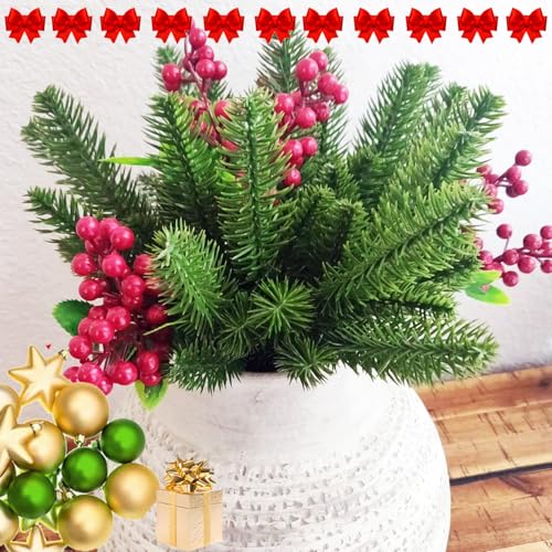 7Queen Artificial Pine Branches Green Plants Needles DIY Accessories Realistic Faux Christmas Greenery Green Plants Pine Picks and Stems for Garland Wreath Christmas and Home Garden Decor 20pcs