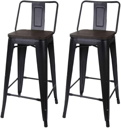 GIA Taburete de metal con respaldo medio de 30 pulgadas de altura de barra con asiento de madera oscura, color negro, juego de 2 Negro -,Blanco