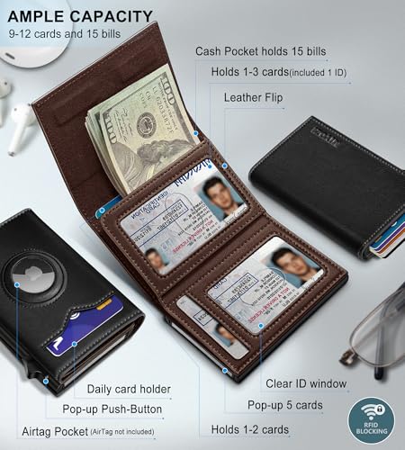 Image of miyozi Airtag Wallet for Men,with Cash Pocket 2 ID Window 9-12 Cards,Metal Case Smart Slim Pop Up Credit Card Holder Flip with Magnetic Closure RFID Blocking Trifold wallet with Gift Box