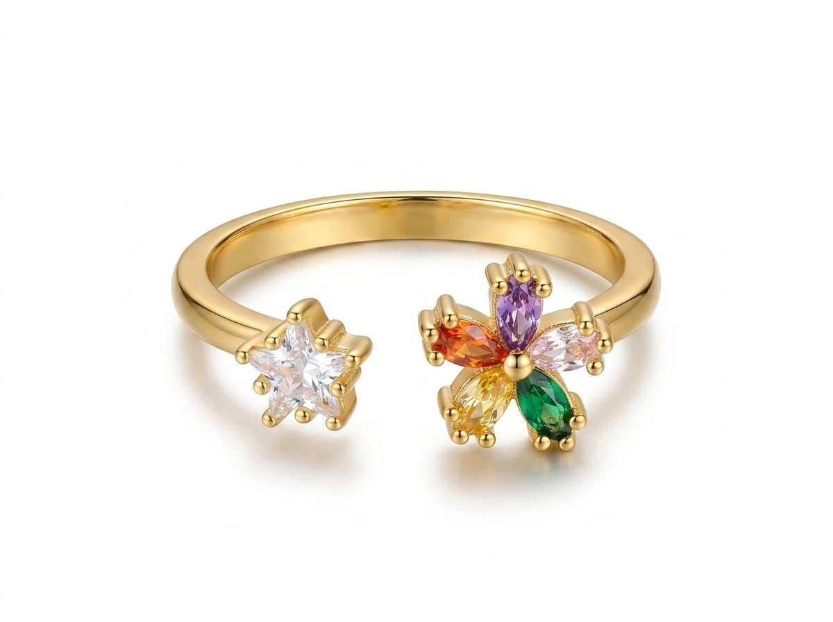 Gold-Toned Open-End Ring with Clear Star and Multicolour Cubic Zirconia Floral Cluster, Adjustable-image-23