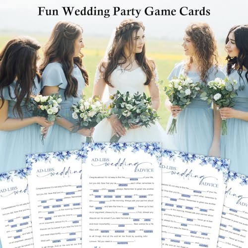 Image of Ad-Libs Wedding Advice Bridal Shower Games, 25 Blue Floral Bridal Shower Game Cards Set, Engagement Party Game for Guests, Wedding Games for Reception, Minimalist Marriage Party Supplies-06