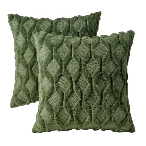 Image of Volcanics Pack of 2 Faux Wool Throw Pillow Covers 20x20 Inches Decorative Farmhouse Velvet Couch Pillow Case Soft Plush Square Boho Cushion Pillowcase, Olive Green