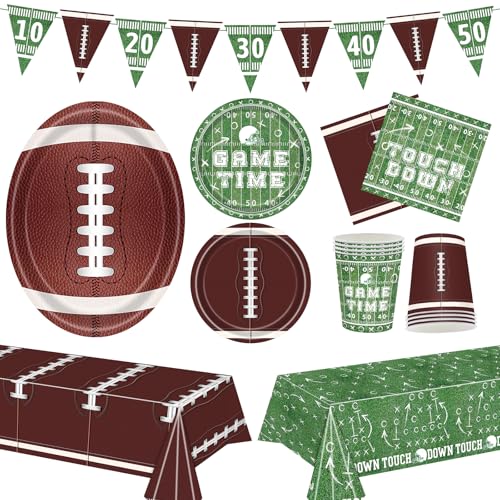 Football Party Decorations Serve 24, Football Party Supplies Kit Includes Football Tablecloth, Plates, Napkins, Cups, Banner, Super Game Bowl Tailgate Party Decorations for Boys Birthday Sport Party