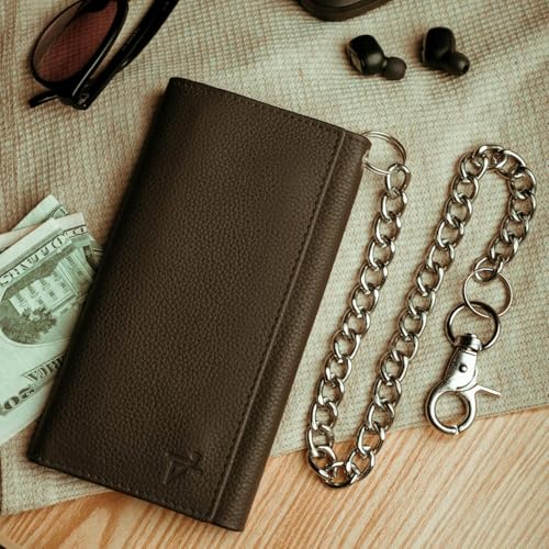 Long Trifold Leather Wallet for Men, Checkbook Cover, RFID Blocking chain wallet Card Slots, Zipper Coin Pocket - Biker Stainless Chain Design in the U.S.A (J212C-WC, Brown)3