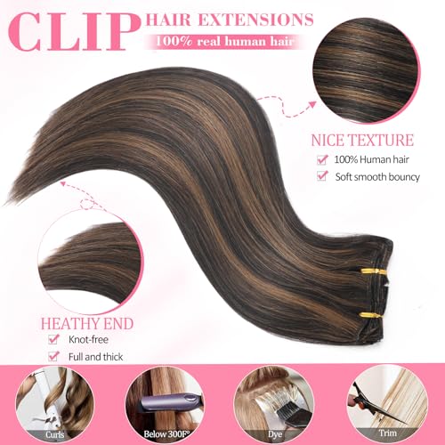 Image of Clip in Hair Extensions Real Human Hair Seamless Balayag Clip ins for Women | Seamless Invisible human hair clip in extensions Straight 8Pcs Double Weft Natural Black Highlight Chestnut Brown 16inch 90g