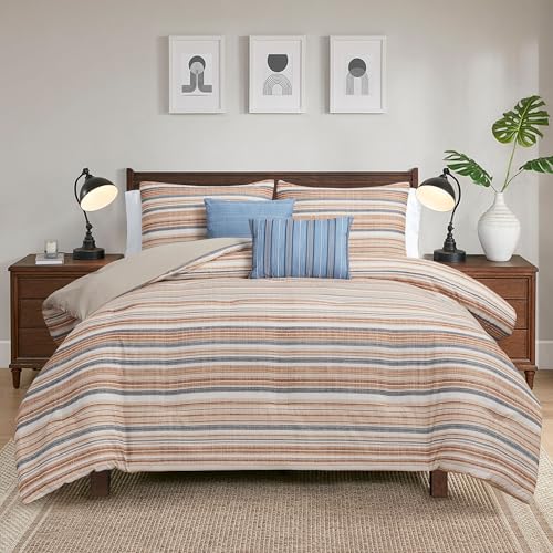 Image of Modern Threads 5-Piece Printed Comforter Set Monty - Blue & Tan Stripe Bedding with Decorative Pillows & Shams, Soft All Season Bed Set, Queen