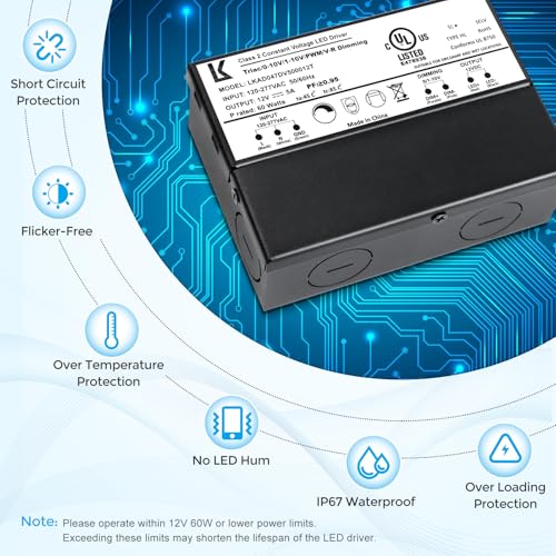 Image of 12V 60W Dimmable LED Driver, 5-in-1 Triac /ELV /MLV /0-10V /1-10V /PWM /V-R Dimming AC to DC Power Supply, IP67 Waterproof LED Transformer, UL Listed, Compatible with Lutron & Leviton Dimmer