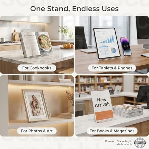 Image of JBM MART Acrylic Book Stand with Ledge, Clear Transparent Display Easel Holder for Books, Magazine, Plate, Pictures, Artworks, CDs, 4 Inch, 4 Pack