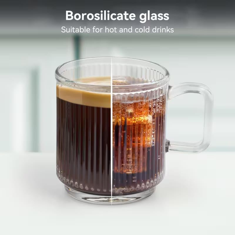 Image of PrimeWorld Elegant Crystal Clear Coffee Mug Set of 2 - 350 ml | Vertical Stripes Glass Tea & Latte Cups | Clear Glass Mugs for Milk, Coffee, Hot Chocolate & Iced Tea