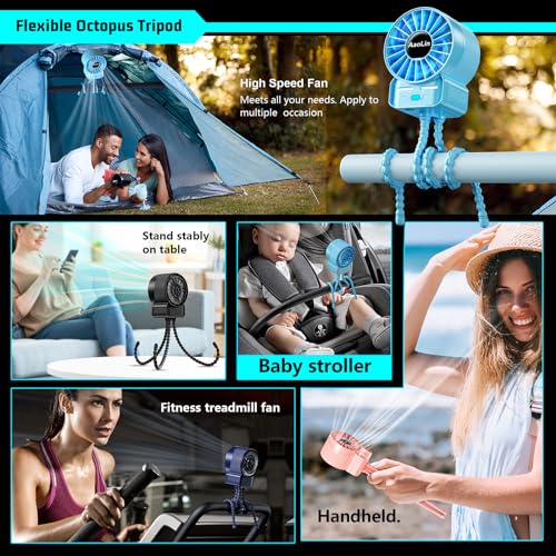 Image of 2 Pack Multifunctional Portable Stroller Fan 4 Speed 6600rpm High Speed Usb Rechargeable Personal Mini Handheld Fan Extended Tripod for Desktop Winding Kids Bed Treadmill Bike Golf Cart Outdoor Travel