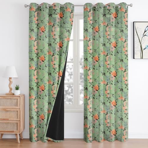 Image of Cloth Fusion Printed 100% Blackout Door Curtains 7 Feet Long Set of 2, Room Darkening Parda with Stainless Steel Grommets for Home Decor (7x4.5 Feet, Green Coral)