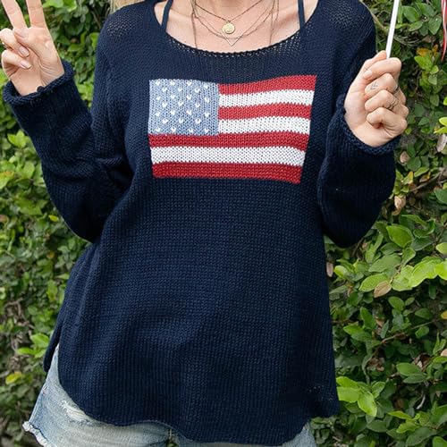 Image of Women American Flag Sweater Loose Vintage USA Sweatshirt Long Sleeve Crewneck Hollow Out 4th of July Jumper