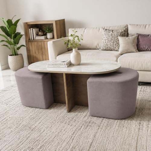 Image of The Attic Norwood Coffee Table, Coffee Table for Living Room, Coffee Table with 2 stools Solid Wood Centre Table with Ceramic Top, Tobacco Brown Finish