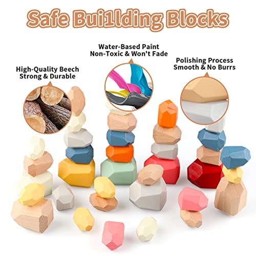 Fopnets 36 Pcs Wooden Sorting Stacking Balancing Stone Rocks Educational Preschool Learning Toys Colorful Large Building Blocks Game Lightweight Wood Stones Set For Kids 3 Years Old #TOP5