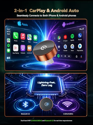 Image of 2026 Wireless CarPlay Adapter & Wireless Android Auto Adapter 2-in-1 | Mini Adapter for iPhone & Android, for USB-A /USB-C, Plug & Play, Fast Auto Reconnect, Low Latency, Converts Wired to Wireless