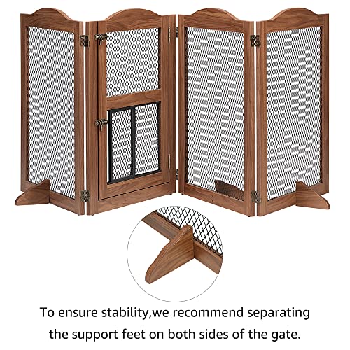 beeNbkks Freestanding Pet Gate with Cat Door, Dog Proof Cat Gate, Indoor Dog Gates for The House Doorways Stairs, Metal Mesh Wooden Small Animal Pet Barrier with Walk Through Door and Support Feet