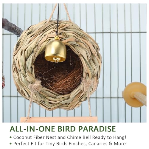Image of Briwooody Hanging Bird Nest for Cage with Ladder Bell Natural Coir Fiber, Grass Hand Woven Hummingbird Finch House for Outside Breeding Nest Parakeet Bed for Budgie Canary Parrot Patio Lawn Garden