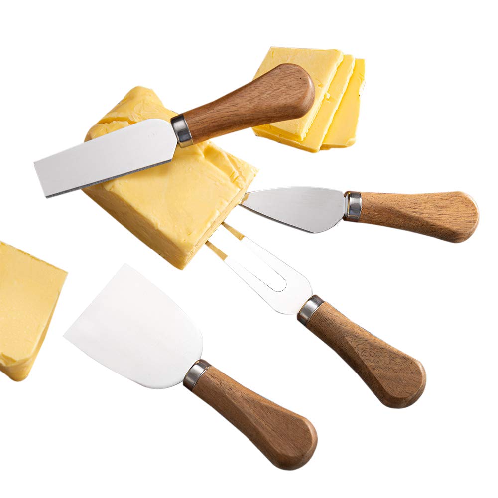 Latauar 4 Piece Set Cheese Knife Stainless Steel Cheese Butter Cutter Board and Slicer, Fork Shaver and Spreader