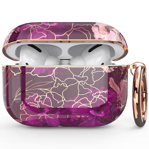 Image of wenew case for Airpods Pro 2 Case, Flower Airpod Pro Slim Hard Case Cover with Carabiner for Women Girls (Golden Purple)