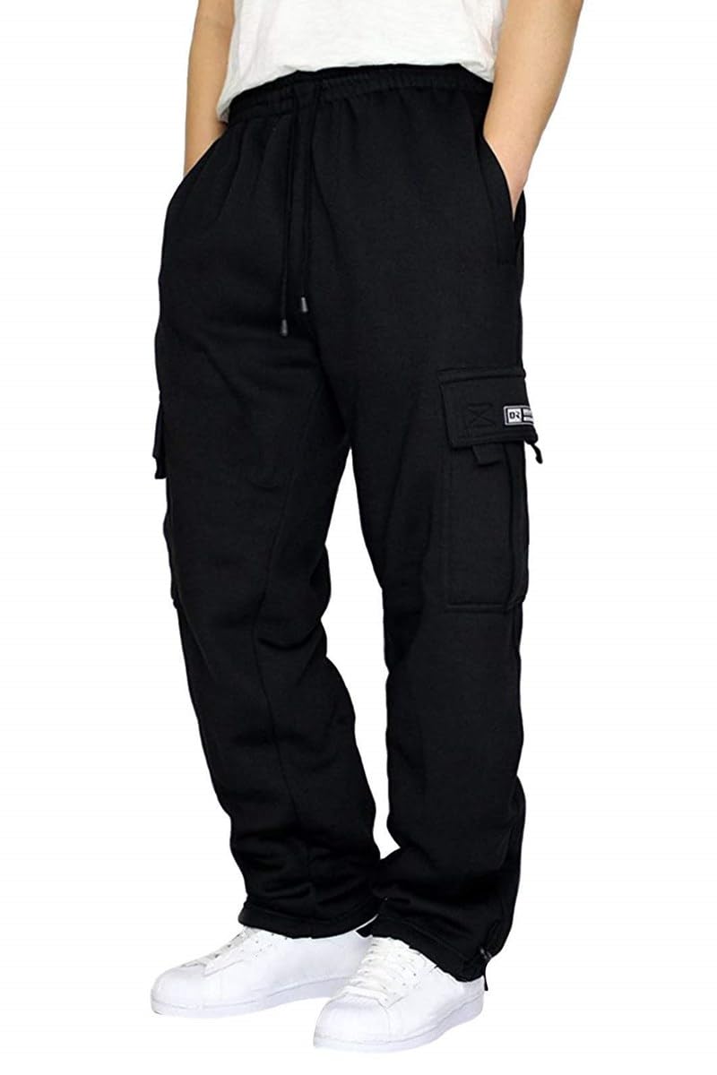 Men's Heavyweight Fleece Baggy Cargo Sweatpants,Drawstring Pants with Pockets,Straight Leg Casual Joggers for Hiking Athletic