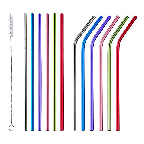Bisda 6mm Acero Inoxidable Pajas 12 piezas Colorido Reutilizable Metal Pajitas 8.3 Pulgadas con 1 Cepillo de Limpieza