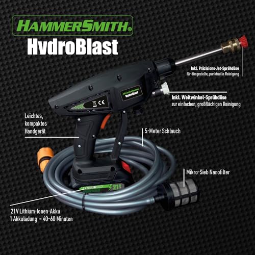 Hammersmith HydroBlast Hochdruckpistole - Akku Hochdruckreiniger für Gartenschlauch - 5m Reichweite - Waschpistole ohne Kabel - 50bar Wasserdruck - Autowaschpistole - Hochdruck – Bild 4
