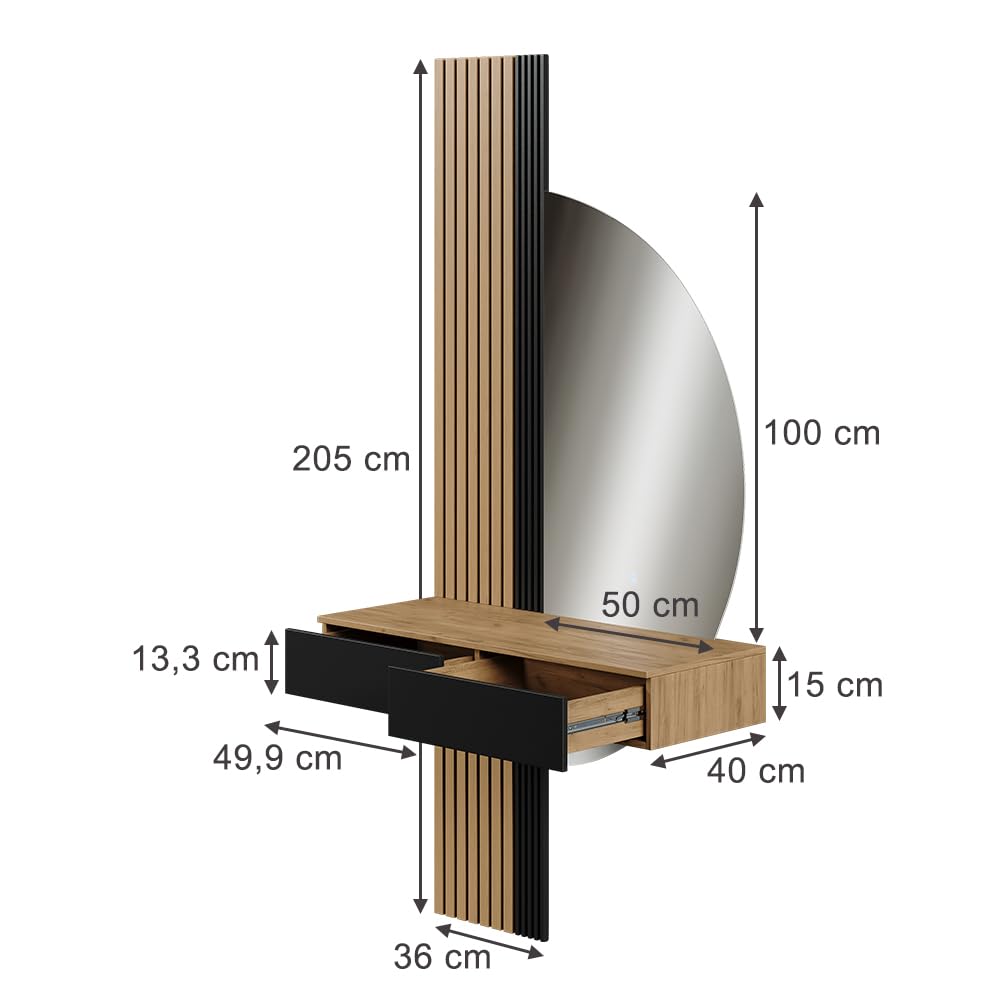 Vicco Tavolo da toeletta Melina, Quercia/nero, 100 cm con specchio a LED, Perfetto per una routine di bellezza organizzata