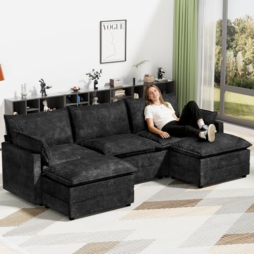 Image of LEVELEVE 112.5 inch U-Shape Modular Sofa with 2 Ottomans, Deep Seat Cloud Convertible Sleeper, 2 Arm Pillows, Comfortable Upholstered Furniture for Living Room Apartment, Black