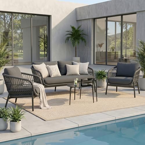 Image of Amazon Brand - Solimo Outdoor 4 Seater Sofa Set | Balcony Sofa | Patio Furniture Sets | Conversation Sets | Braid & Rope Garden 4 Seater Sofa Set with Center Table (Black)
