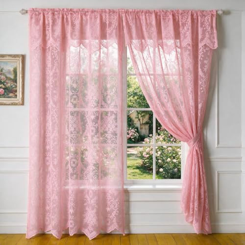 WUBODTI Blush Pink Lace Curtains 84 Inches Long 2 Panels, Vintage Victorian Floral Embroidered Semi Sheer Curtain with Valance Rod Pocket Layered Shabby Chic Scalloped Drapes for Living Room Bedroom