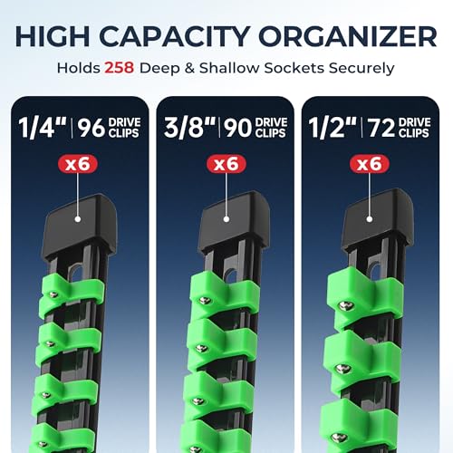 Image of Reniteco 18-Pack Socket Organizer Set, 1 /4 inch x 96 3 /8 inch x 90 1 /2 inch x 72 Clips | 258 Clip Capacity, Havy-Duty ABS Socket Rails, Removable Clips, Drive Socket Storage, Toolbox Drawer or Wall Mount
