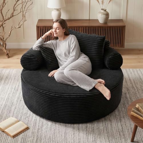 Image of Trustyue Boneless Couch,Comfy Fluffy Sofa Bed,Upholstered Sleeper Sofa with Cup Holder and Throw Pillows,Corduroy Plush Cloud Lounge Chair (Black, Corduroy)