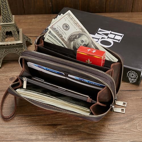 Men's genuine leather wallet, crazy horse leather retro long wallet, hand-held, wrapped in leather, leather wallet, men's wallet clip4