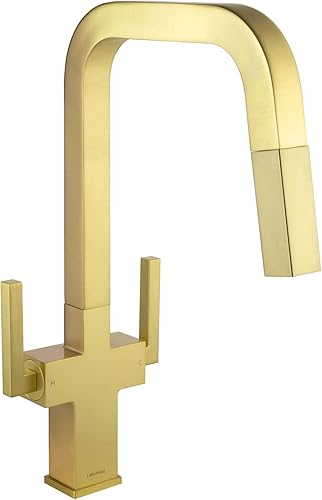 Lava Odoro - Grifo de cocina dorado cepillado con rociador extraíble, grifo de cocina de dos manijas de latón macizo de un solo orificio, grifo de
