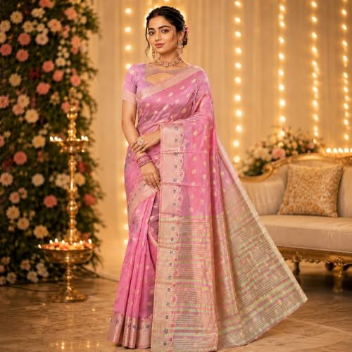 Image of Sarees for Women Wear Organza Silk Banarasi Sari Kanjivaram Soft Pure Paithani Wedding Original Kanchipuram Pattu Sadi with Blouse Piece 2026 (Gulab)