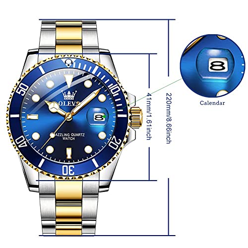 Mens-Watches-with-Date-Stainless-Steel-Band-41mm-Unidirectional-Rotating-Bezel-Large-Face-Case-Quartz-Analog-Waterproof-Luminous-Wrist-Watch-Two-Tone-Dress-Relojes-de-Hombre-GreenBlackBlue-Dial-Watche