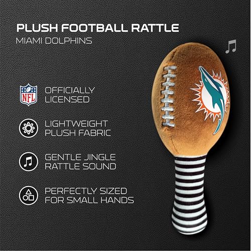 Image of Miami Dolphins Plush Football Rattle by Smilo - Officially Licensed NFL Baby Rattle Toy - Soft Baby Rattle with Bell - for Babies and Toddlers from 3 Months