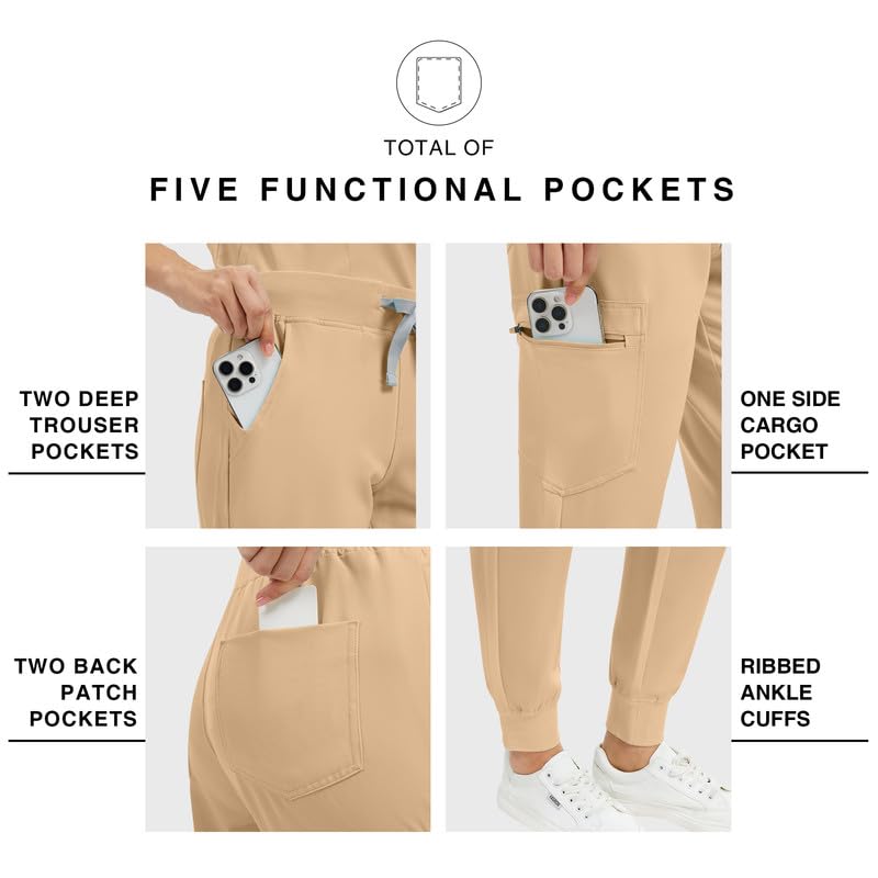 Image of Kitmaz Scrub Pants for Women - Mid Rise 4-Way Stretch Anti-Wrinkle Slim Fit Jogger Pants, Drawstring & 5 Pockets