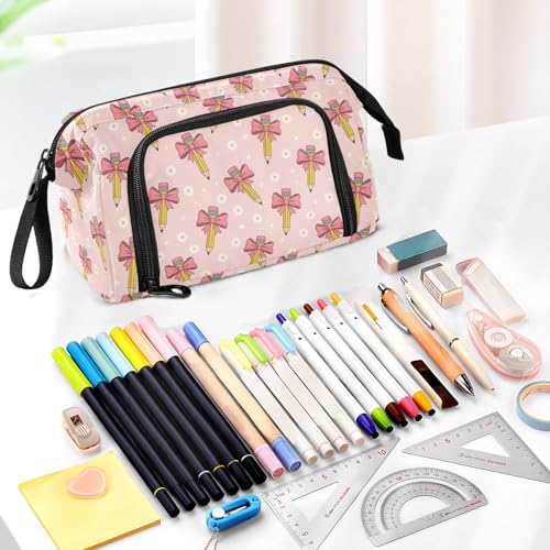 Image of Ribbon Bow Pen Pencil Case Pouch Big Capacity Pencil Bag Box Organizer Pen Case Pencil Pouch Aesthetic with Handle for Teen Girls Boy College Women School