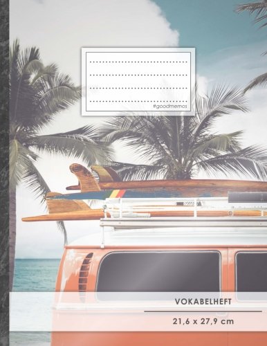 VOKABELHEFT DIN A4 • 50+ Seiten, Softcover, Register, Zweispaltig, Erfolgs-Tacker, Strandurlaub • Original #GoodMemos Schulheft • Fremdsprachen leicht lernen, Lineatur 53