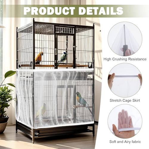 Image of XL Adjustable Bird Cage Seed Catcher, Birdcage Cover Skirt Nylon Mesh Netting Parrot Parakeet Macaw African Round Square Cages Cover (White)