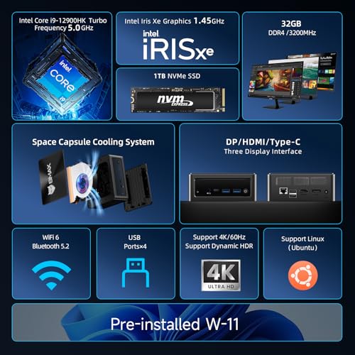 Image of Bmax Mini PC B9 Power Intel Core i9-12900HK(up to 5.0GHz,14C /20T) 32GB DDR4 /1TB NVMe SSD Mini Desktop Computer WiFi6 BT5.2 Gaming Mini Computer DP /Type-C /HDMI Triple-Display 4K /60Hz