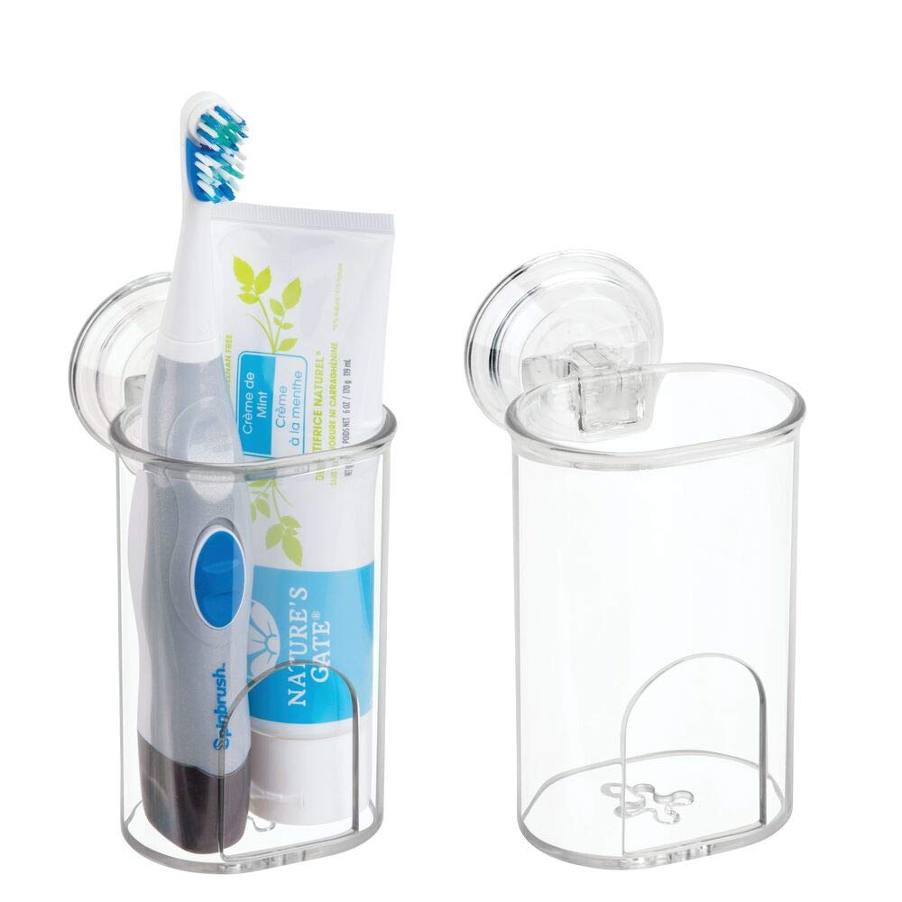 mDesign Compact Plastic Suction Storage Center for Bathroom Organization of Toothbrushes, Electric Toothbrushes, Razors - 2 Pack - Clear
