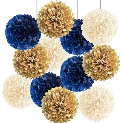 Lot de 12 pompons en papier de soie de Noël - À suspendre - Éventail - Boules de fleurs en papier - Décoration de Noël - Décoration de fête - Pompons en papier de soie - Rouge/vert/blanc (bleu marine