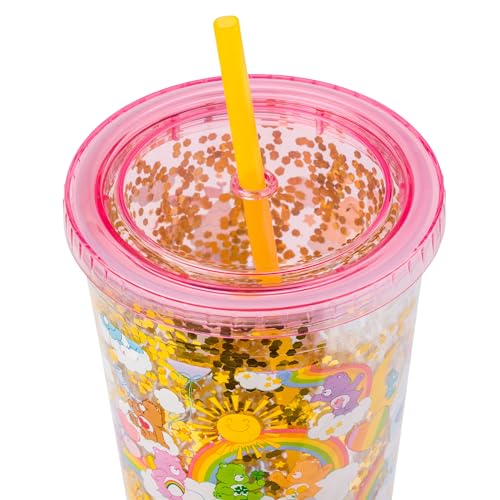 Image of Silver Buffalo Care Bears Rainbow Stars, Plastic Cold Cup, 32oz | Funshine, Grumpy, Good Luck, Bedtime, Cheer and Tenderheart, Confetti, Lid and Straw, 0.95 Liters