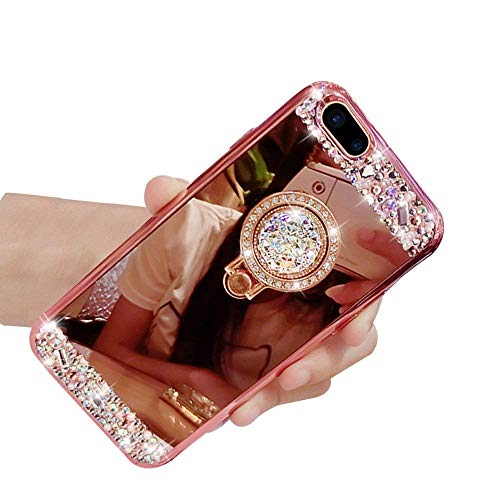 iPhone 7 Plus Crystal TPU Mirror Case,Lozeguyc Handmade Bling Diamond Cover iPhone 8 Plus 5.5 Inch Fashion Beauty Case Rhinestone Ring Stand Shockproof Sleek Case for Girl Women-Rose Gold